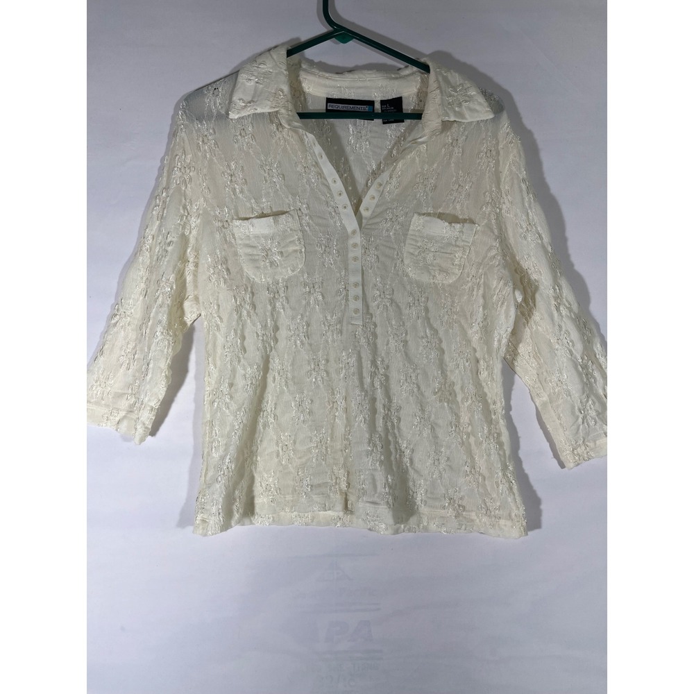 Requirements Lace Floral Top Women Sz L Cream 3/4 Sleeve Collared 1/2 Button  Up